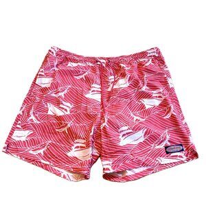 Vineyard Vines Swim Trunks Mens LARGE 7” Pink Printed Drawstring Sail Boats Fish